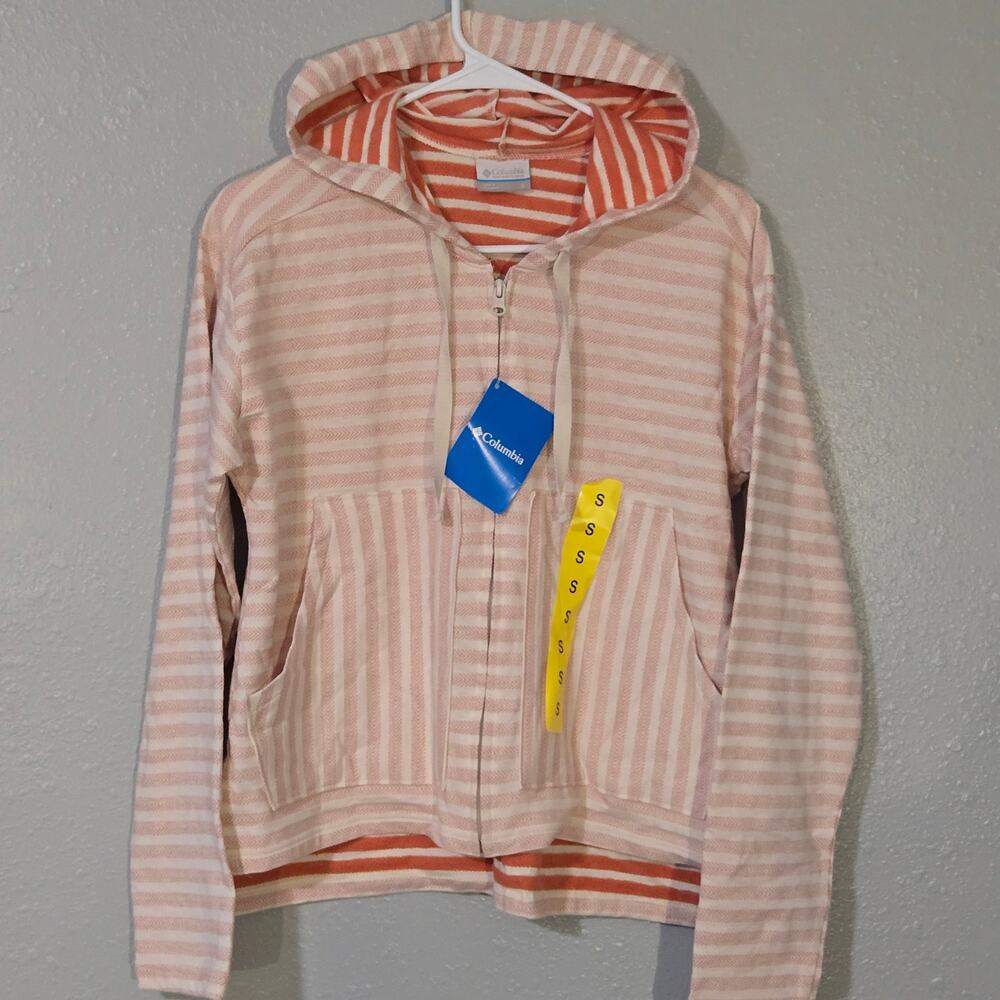 Columbia Jacket Melody Spring Full Zip Up Striped Lightweight Hoodie Coral New S